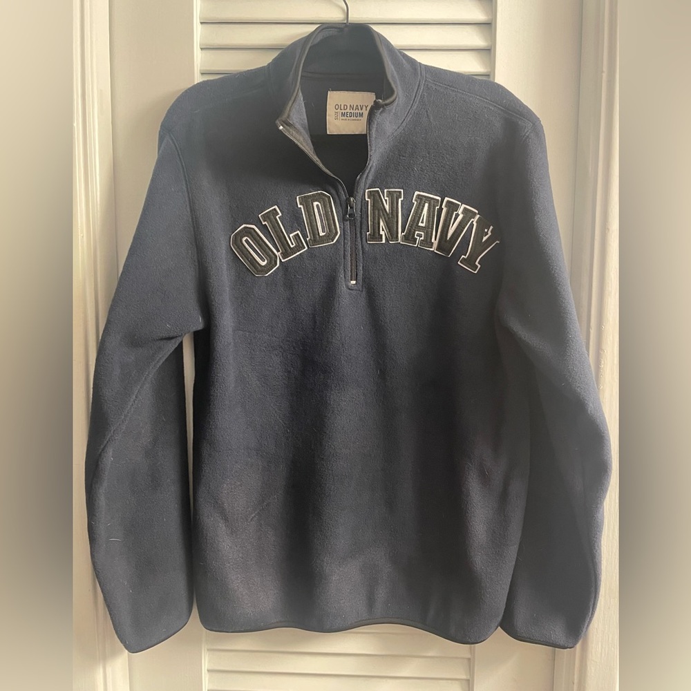 Old Navy Classic Navy Embroidered Fleece Mock-neck 3/4 Zip Front Size M LIKE NEW - Picture 1 of 4